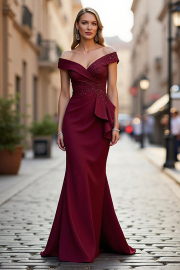 Mermaid Long Stretch Satin Burgundy Mother of the Bride Dress with Beading
